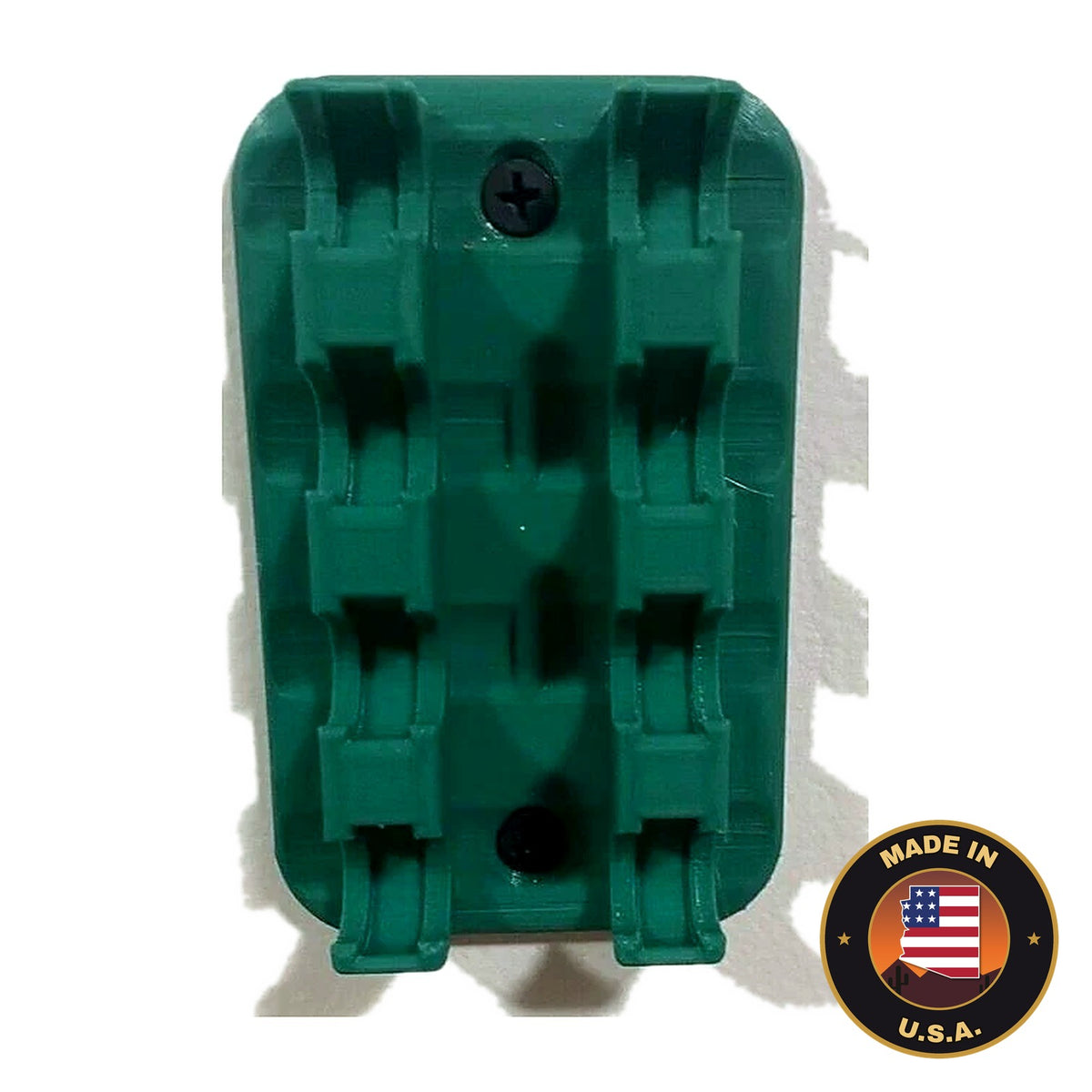 Green wall-mount shell holder rack, empty, Made in USA badge