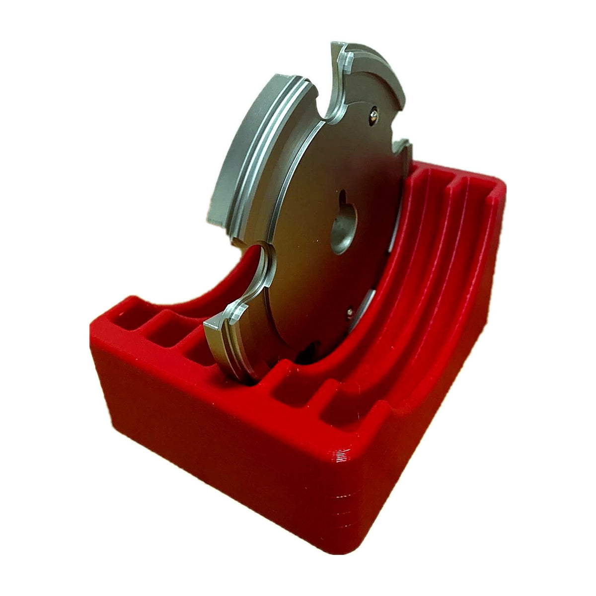 LNL shell plate seated in the red benchtop rack, side view