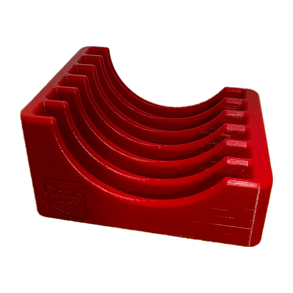 Empty red benchtop shell plate rack showing 6 curved slots