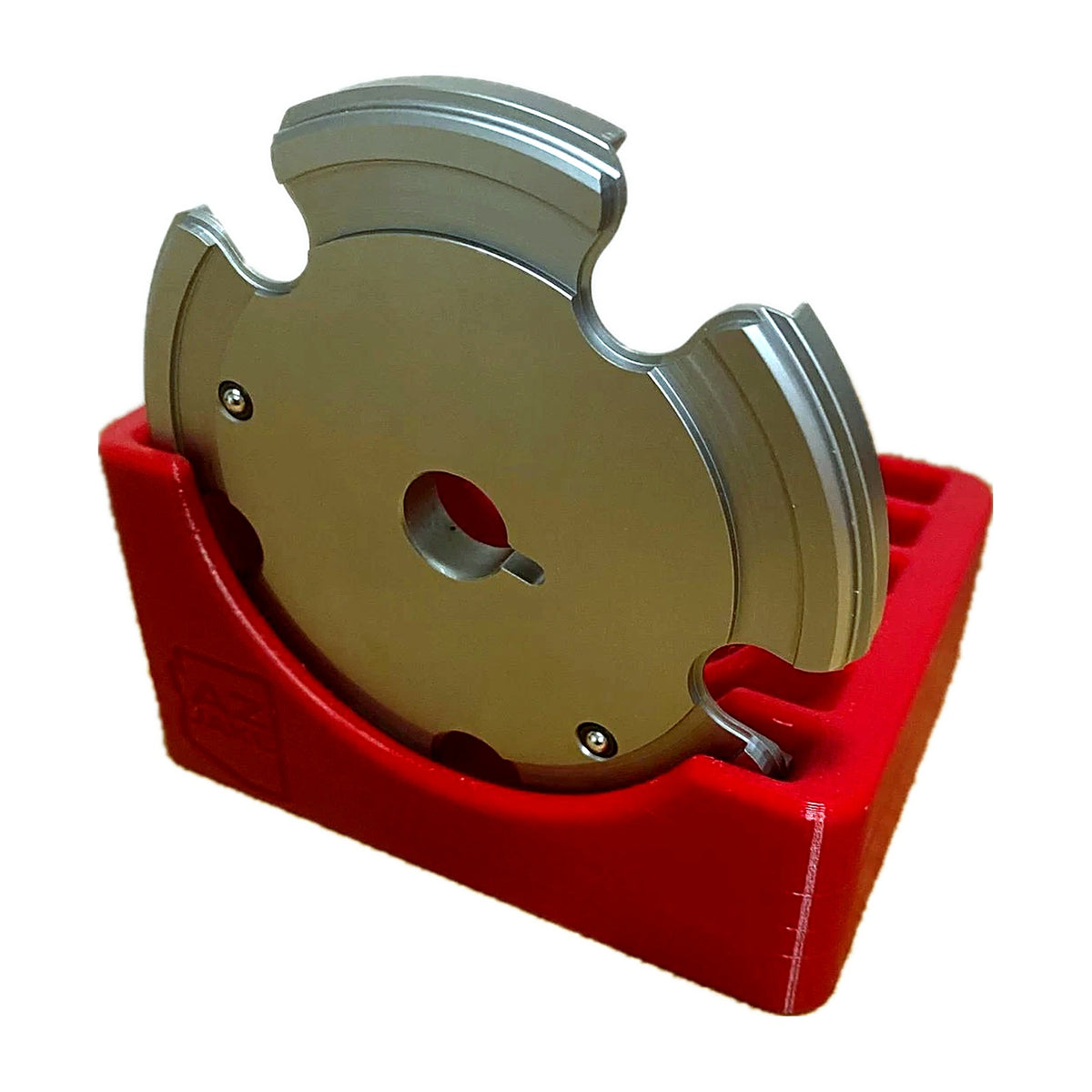 Hornady LNL shell plate in the red benchtop rack, angled view