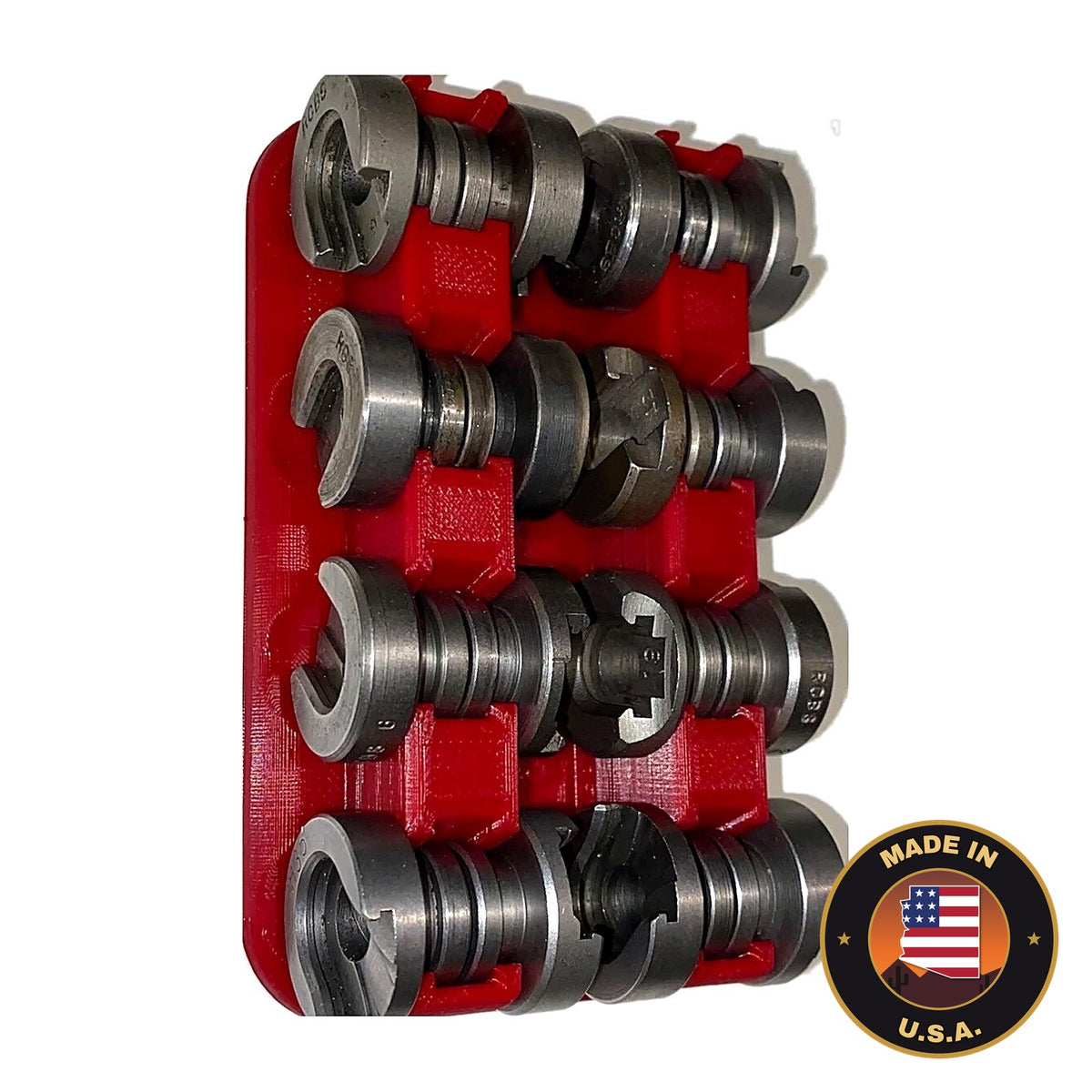 Red wall-mount rack holding 16 shell holders, Made in USA badge