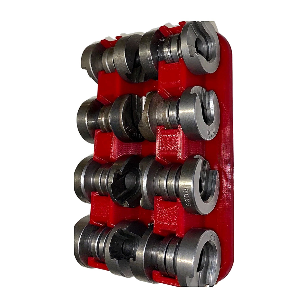 Red rack with shell holders, top view