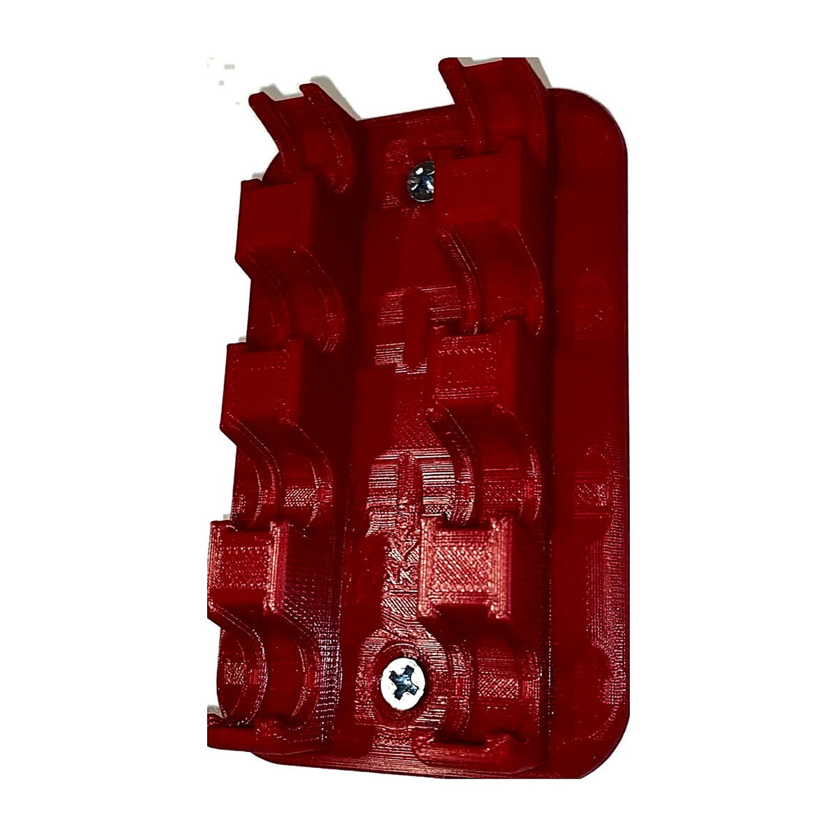 Empty red shell holder rack, angled view