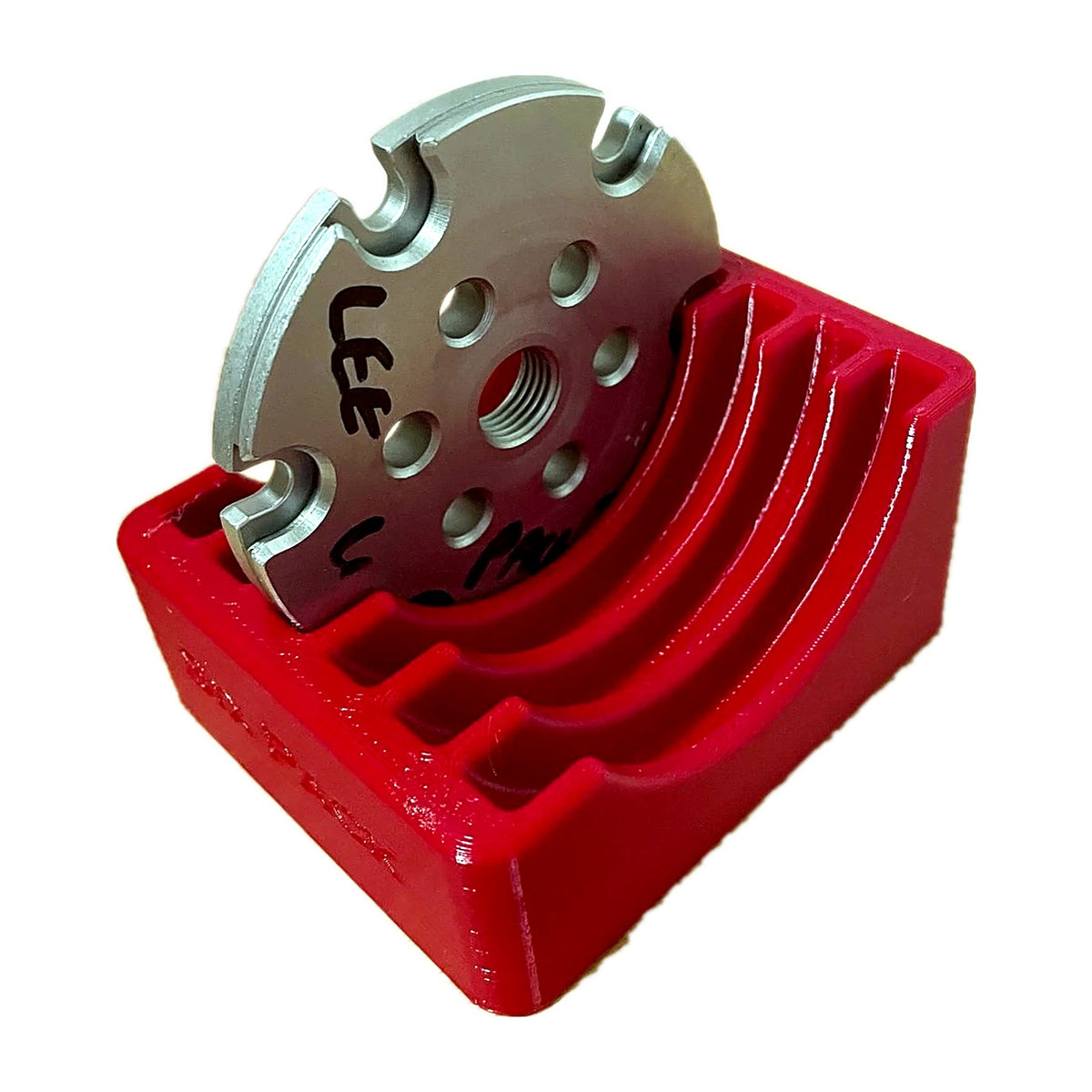 LEE Six Pack Pro shell plate in the red benchtop rack