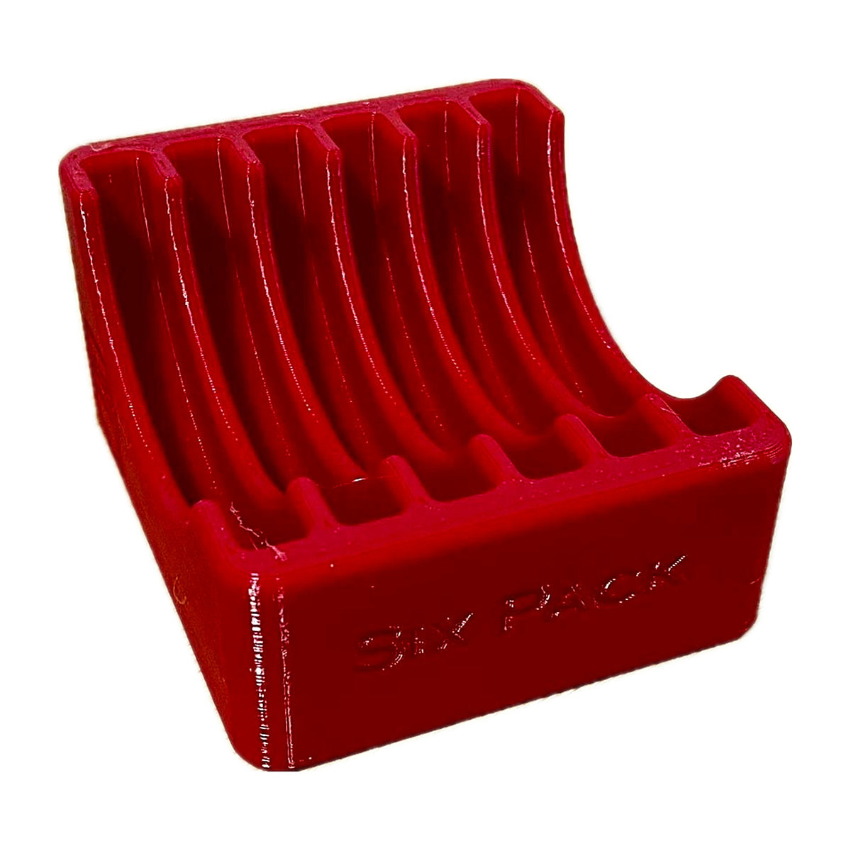 Empty red benchtop rack showing 6 curved slots